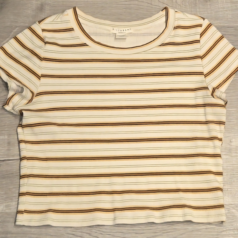 Billabong Cream and Tan Striped Short Sleeve Tee